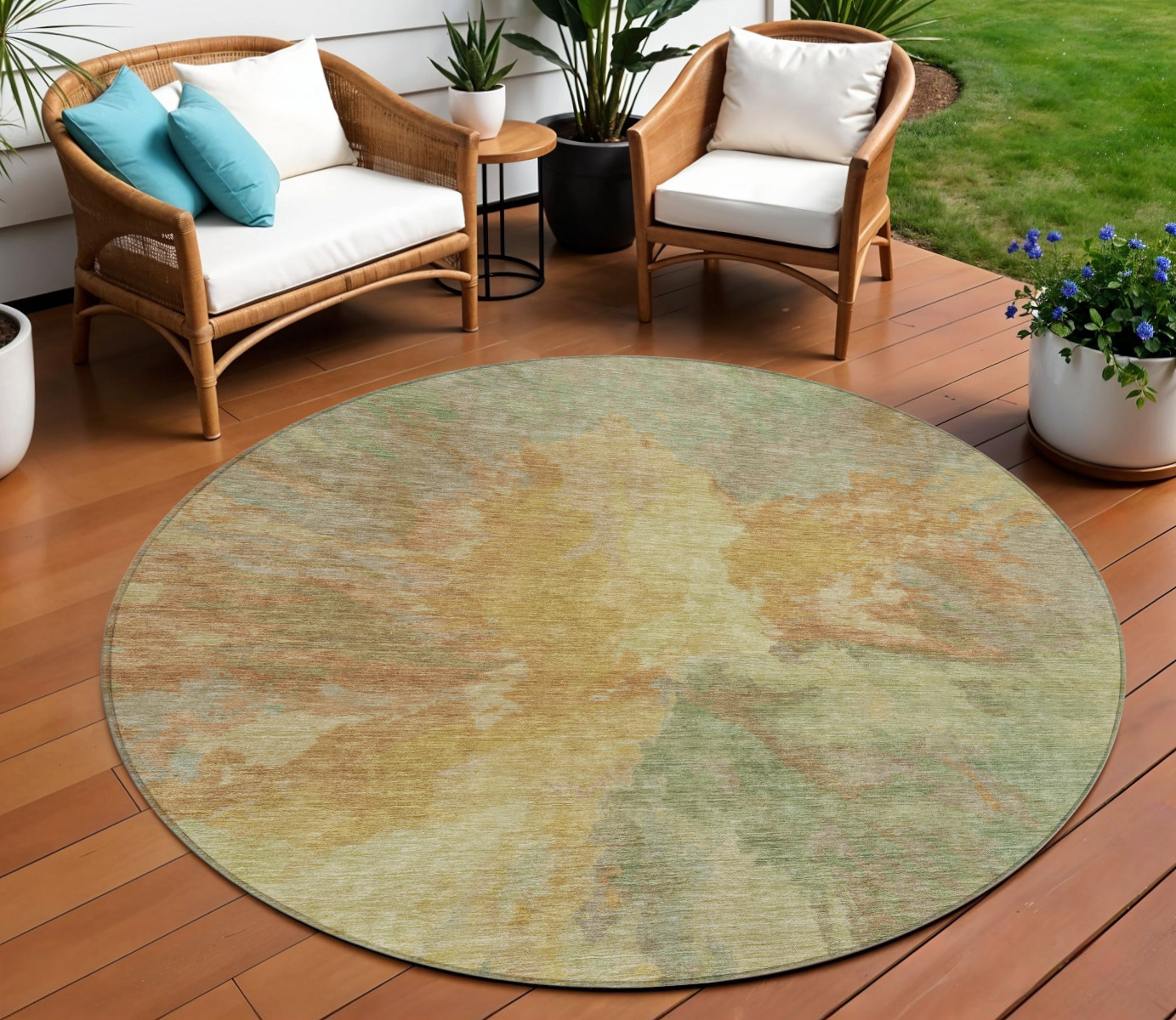 8' Artichoke Green And Gold Round Abstract Washable Indoor Outdoor Area Rug-615586-1