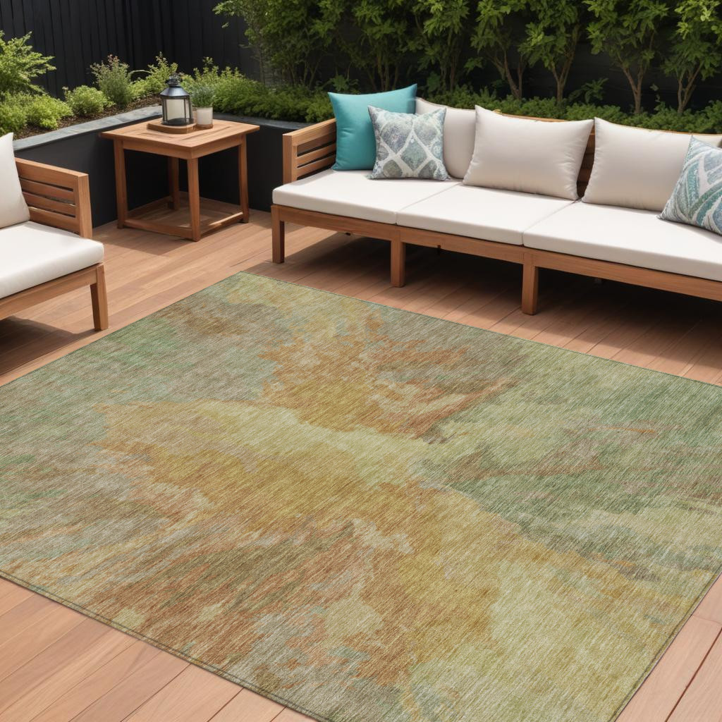 8' X 10' Artichoke Green And Gold Abstract Washable Indoor Outdoor Area Rug-615587-1