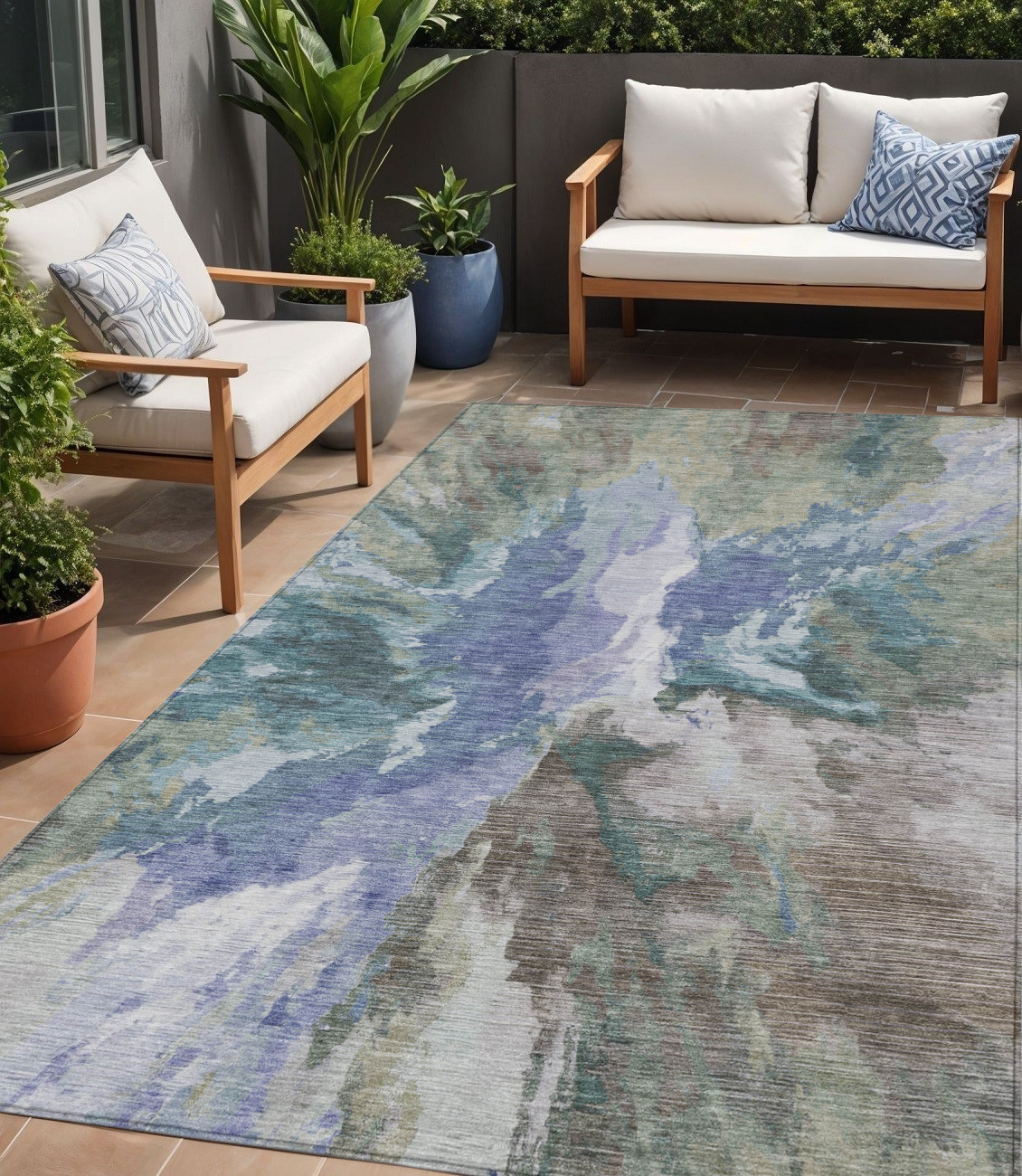 5' X 8' Blue And Gray Abstract Washable Indoor Outdoor Area Rug-615591-1