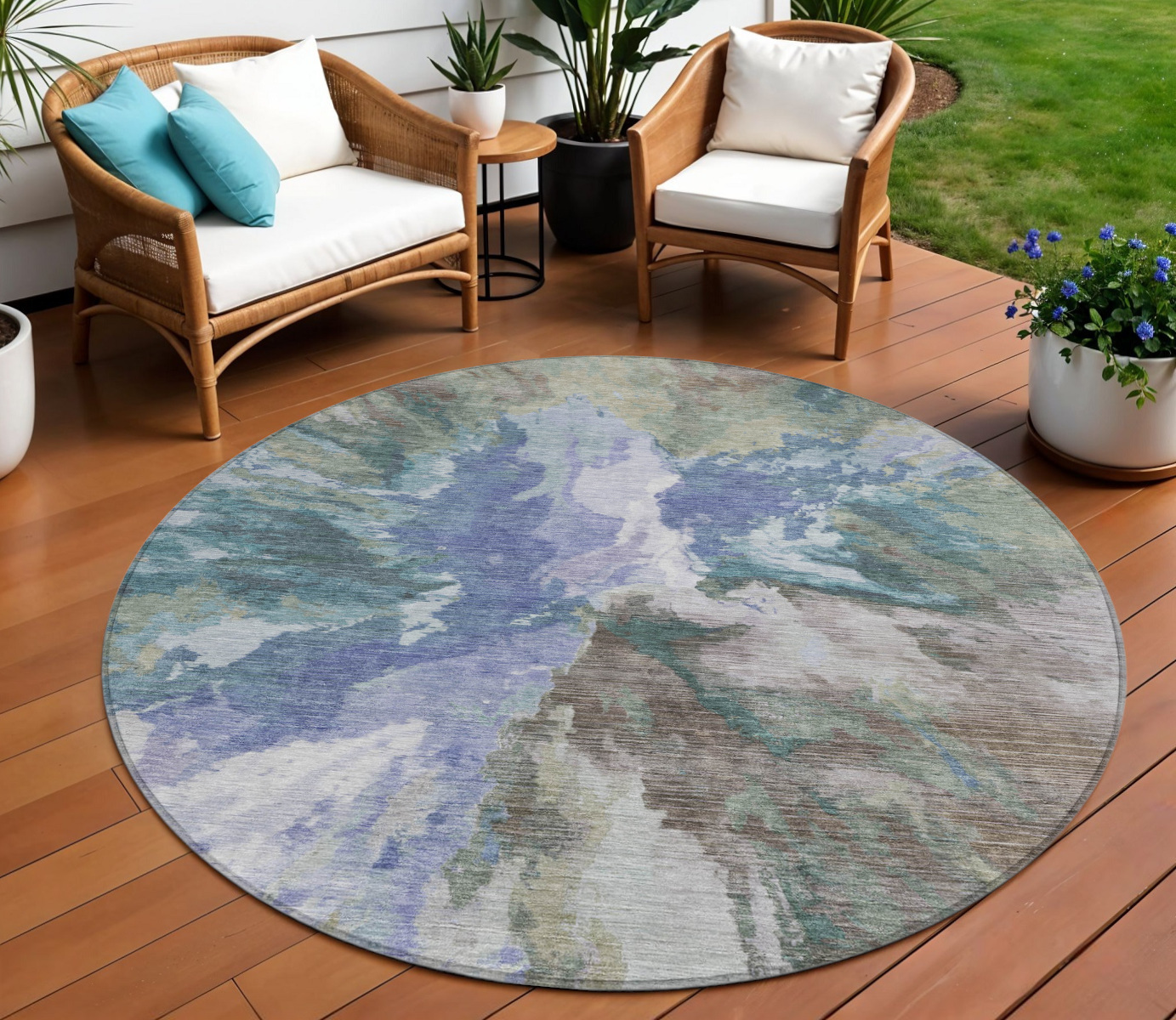 8' Blue And Gray Round Abstract Washable Indoor Outdoor Area Rug-615592-1