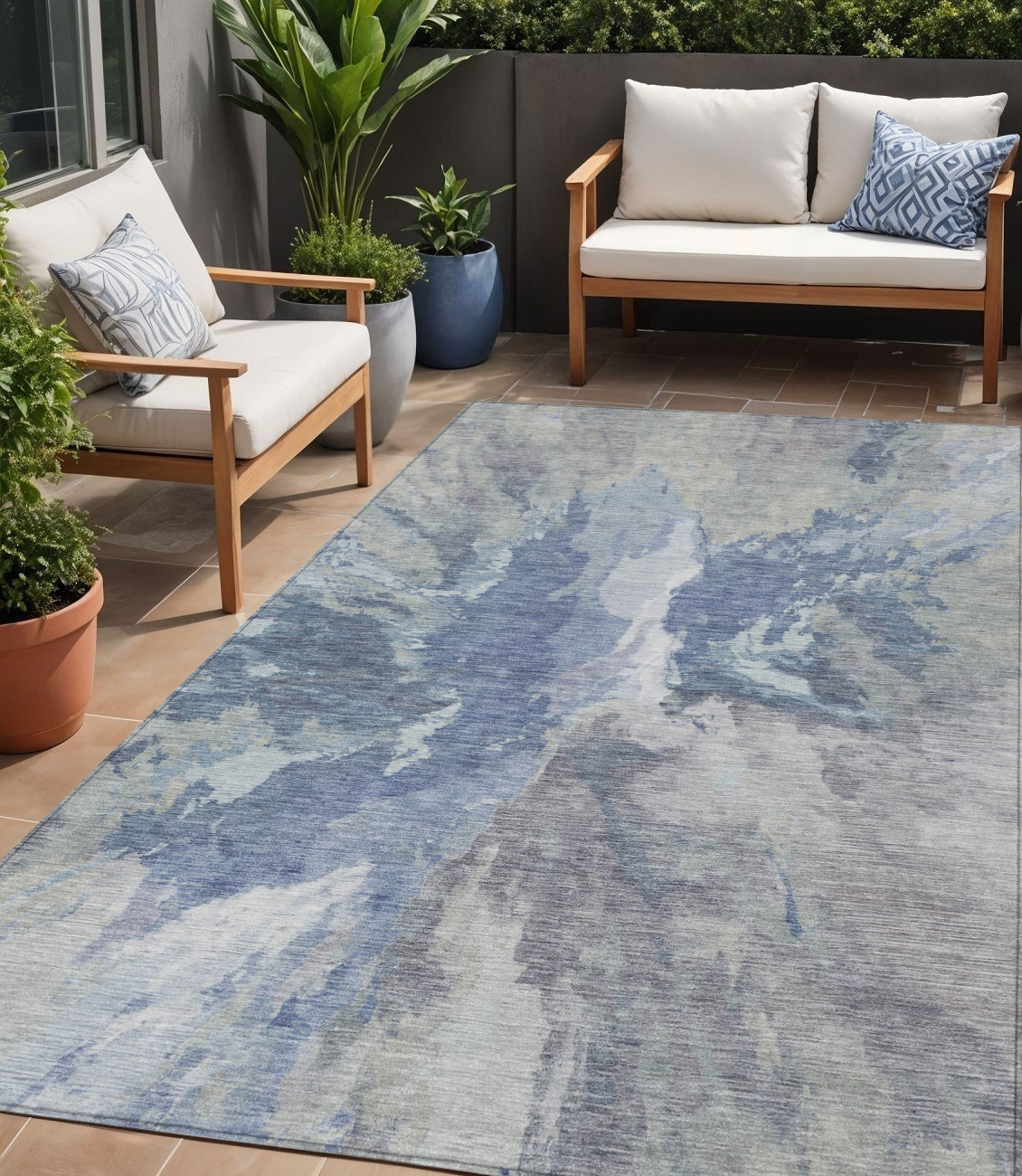 5' X 8' Denim Blue And Linen Abstract Washable Indoor Outdoor Area Rug-615597-1