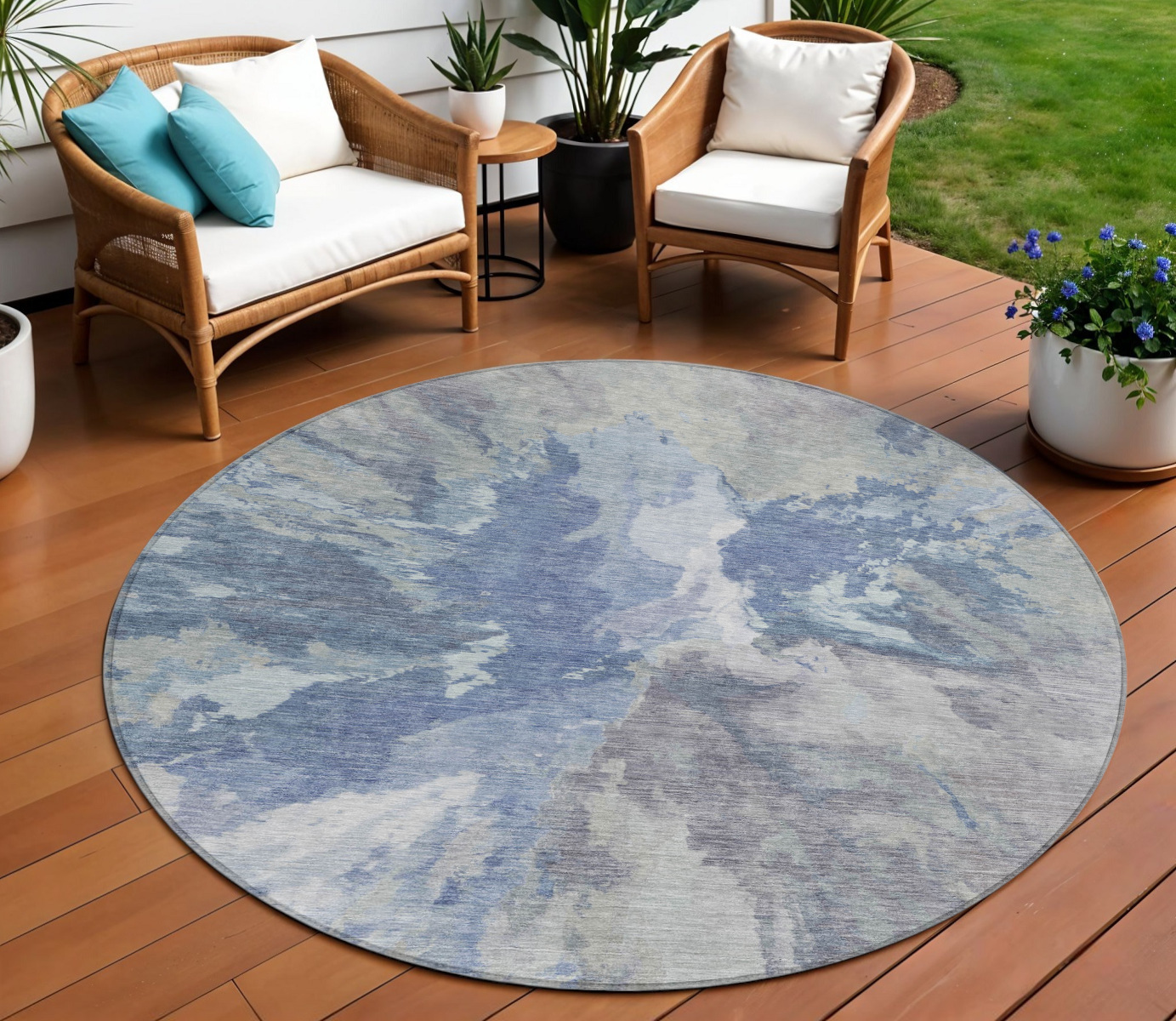 8' Denim Blue And Linen Round Abstract Washable Indoor Outdoor Area Rug-615598-1