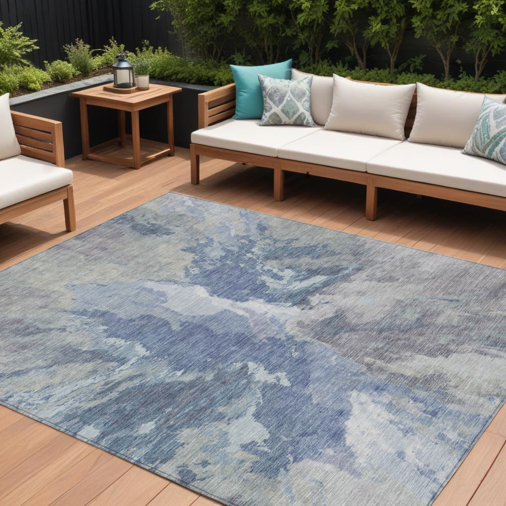 9' X 12' Denim Blue And Linen Abstract Washable Indoor Outdoor Area Rug-615600-1