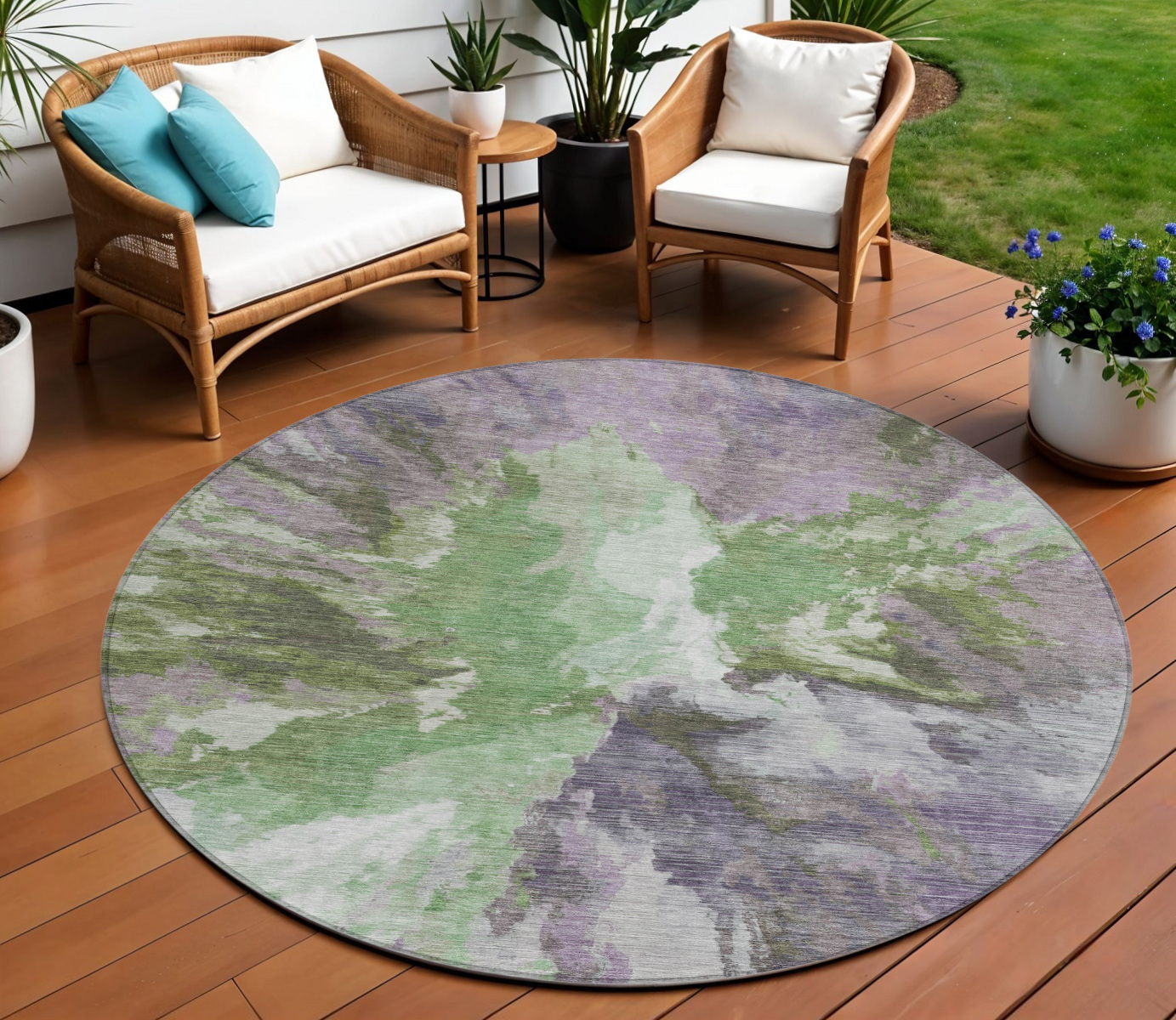 8' Green And Purple Round Abstract Washable Indoor Outdoor Area Rug-615604-1