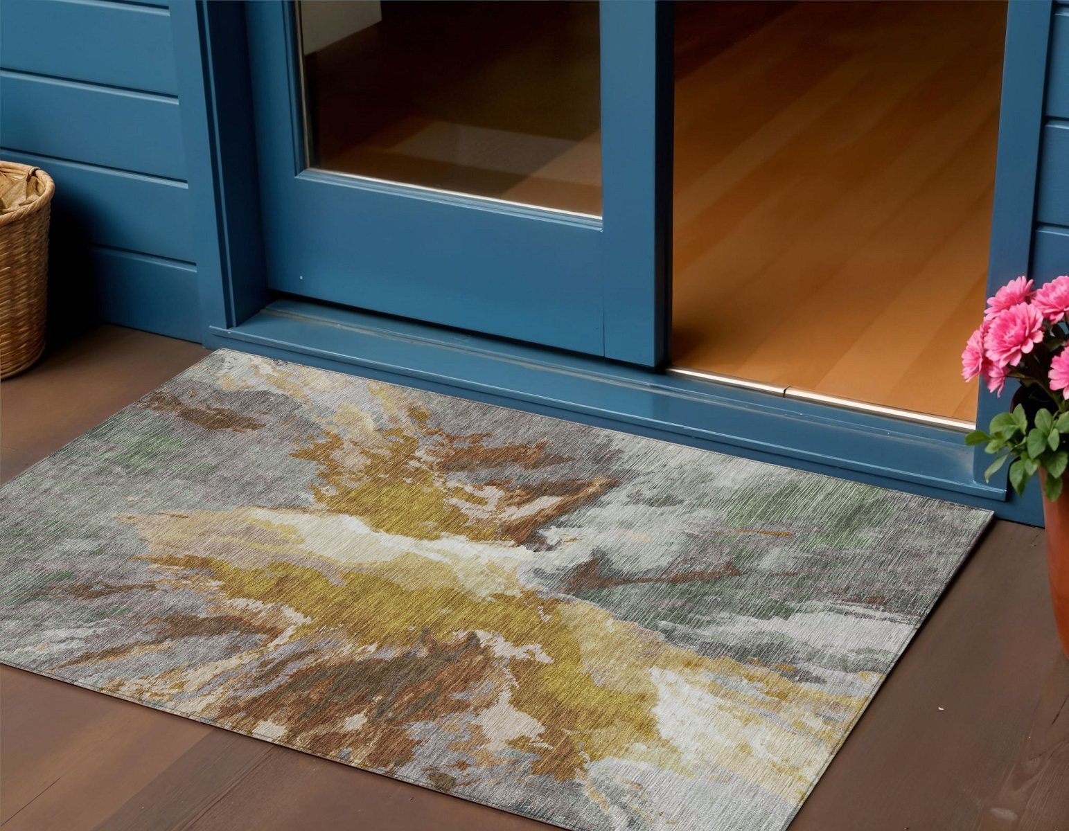 3' X 5' Gold And Gray Abstract Washable Indoor Outdoor Area Rug-615608-1