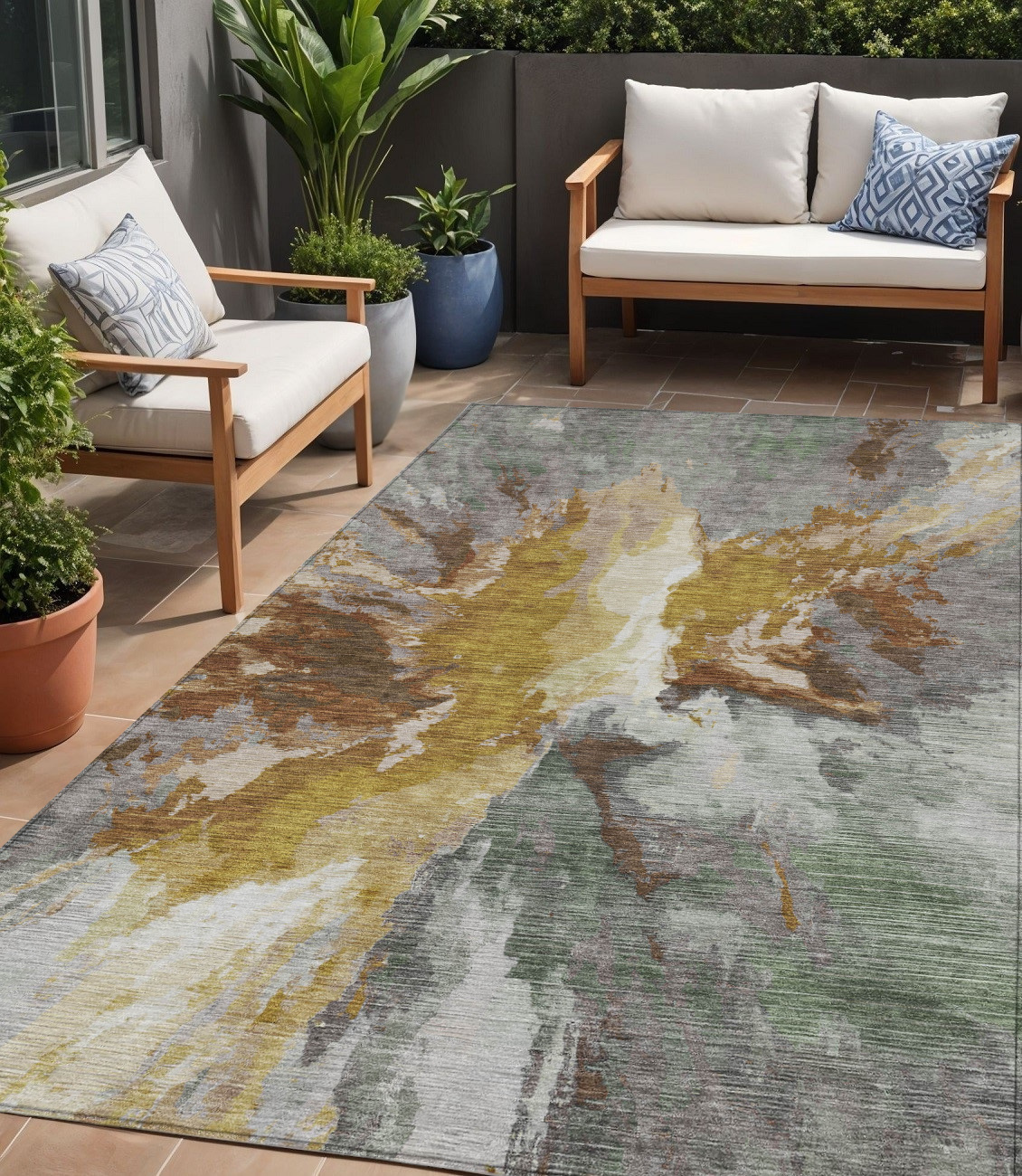 5' X 8' Gold And Gray Abstract Washable Indoor Outdoor Area Rug-615609-1