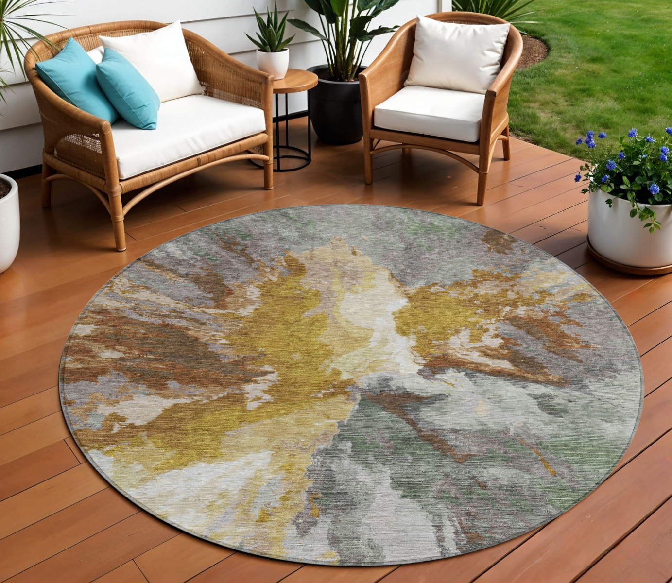 8' Gold And Gray Round Abstract Washable Indoor Outdoor Area Rug-615610-1
