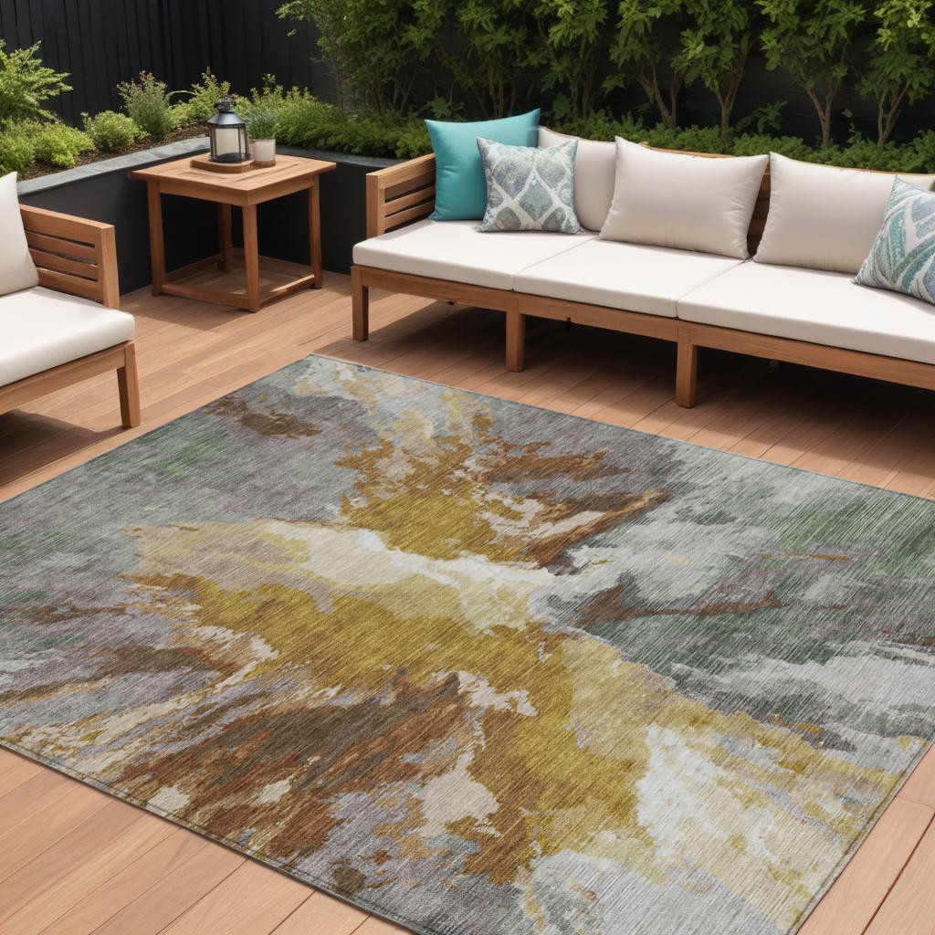 8' X 10' Gold And Gray Abstract Washable Indoor Outdoor Area Rug-615611-1