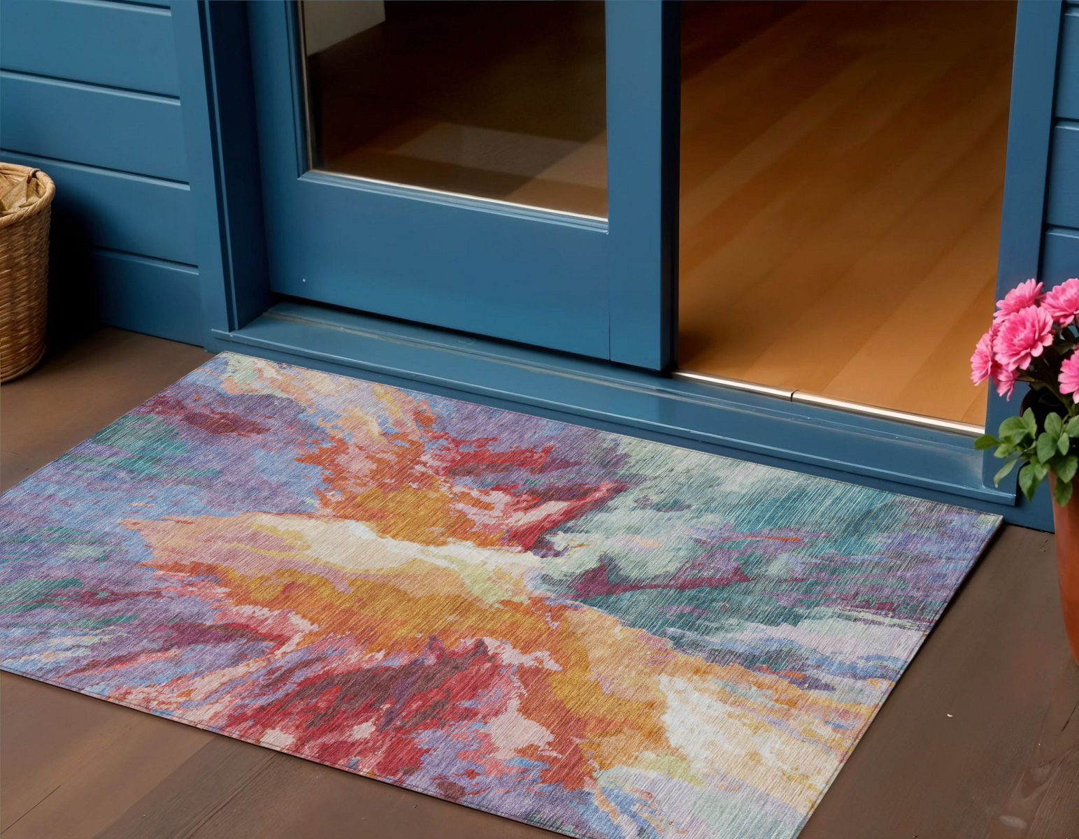 3' X 5' Orange Red And Teal Blue Abstract Washable Indoor Outdoor Area Rug-615614-1