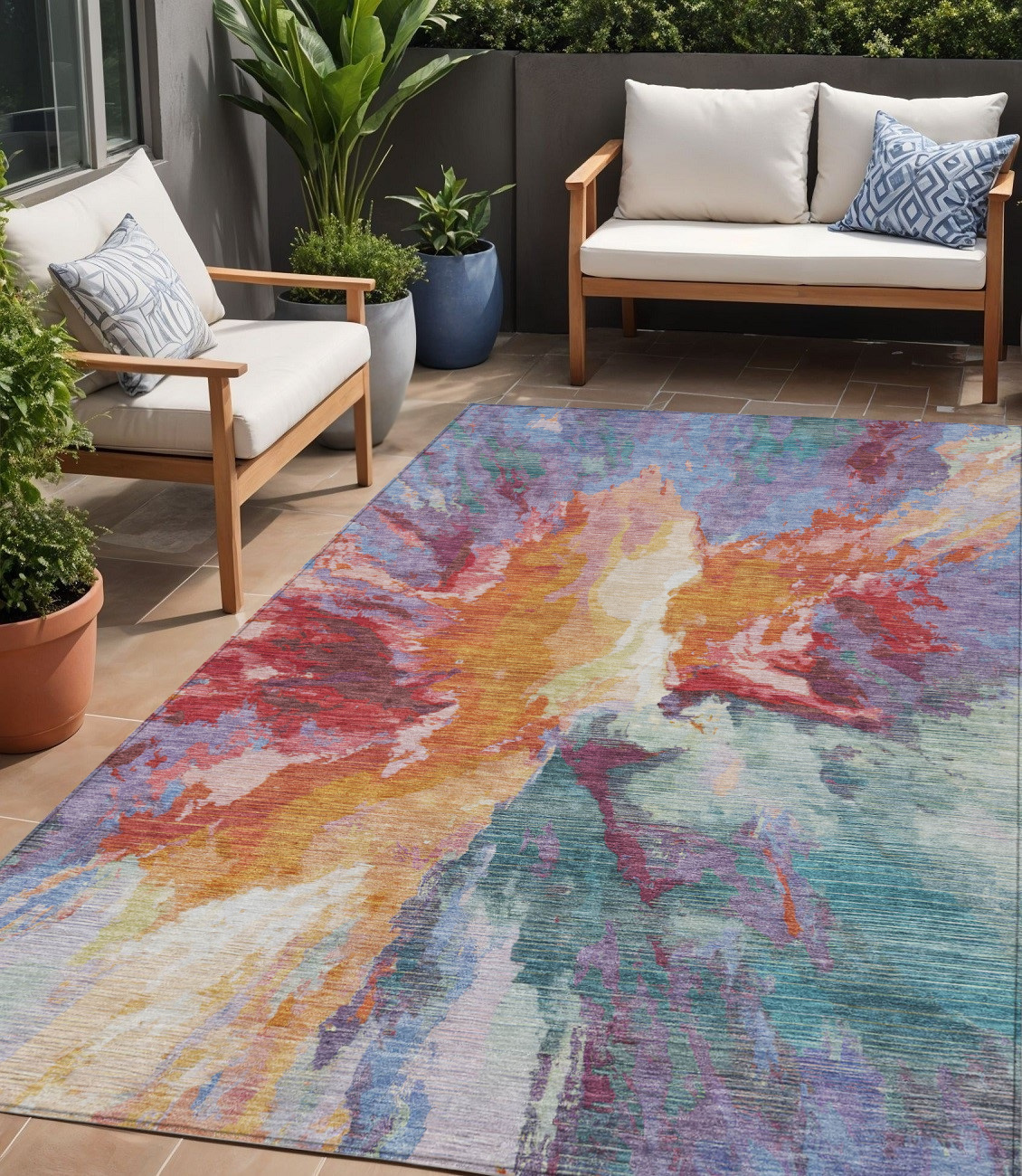 5' X 8' Orange Red And Teal Blue Abstract Washable Indoor Outdoor Area Rug-615615-1