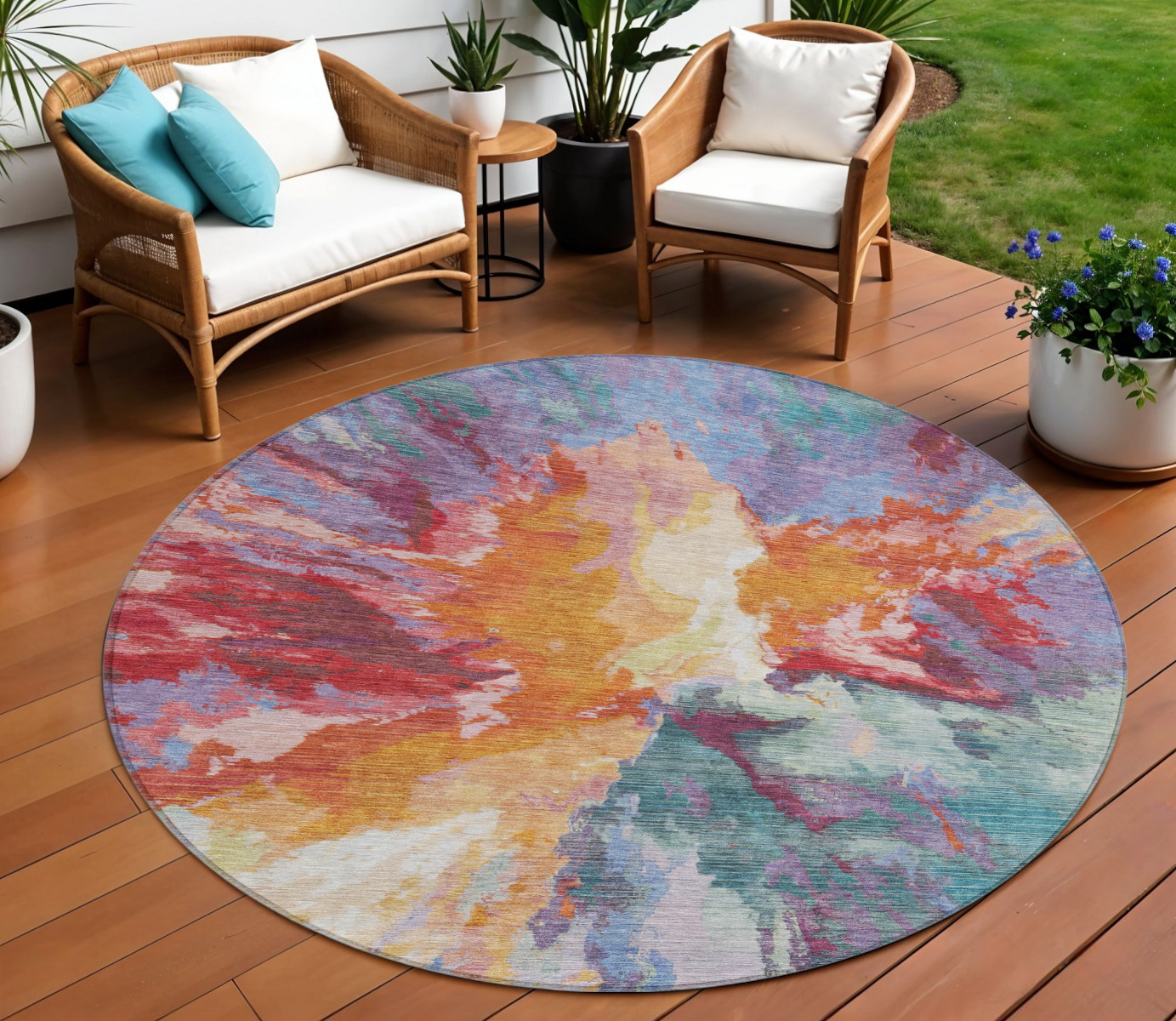 8' Orange Red And Teal Blue Round Abstract Washable Indoor Outdoor Area Rug-615616-1