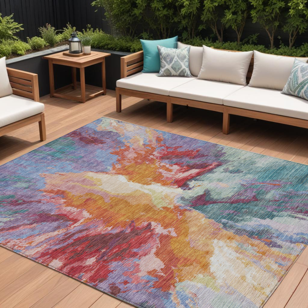 8' X 10' Orange Red And Teal Blue Abstract Washable Indoor Outdoor Area Rug-615617-1
