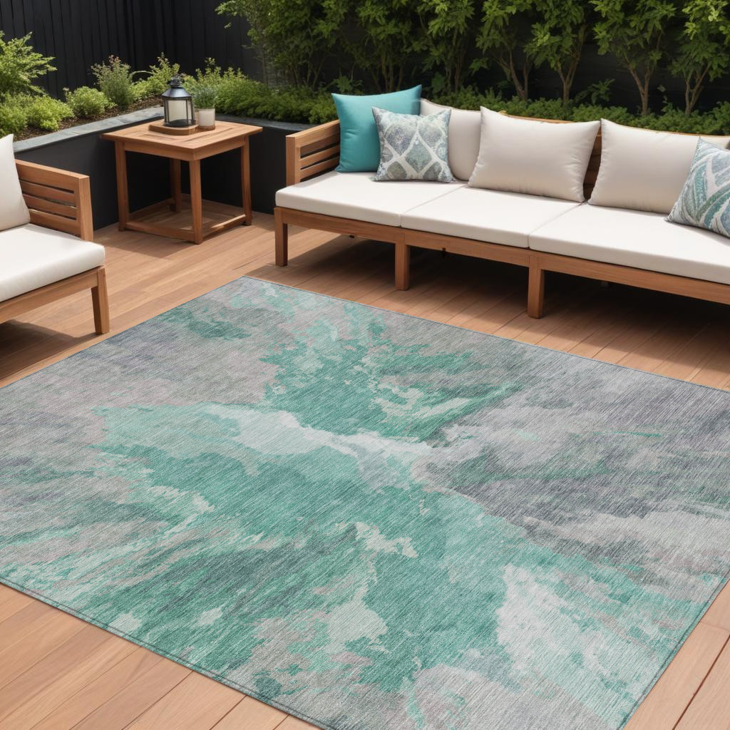 8' X 10' Teal Blue And Lavender Abstract Washable Indoor Outdoor Area Rug-615629-1