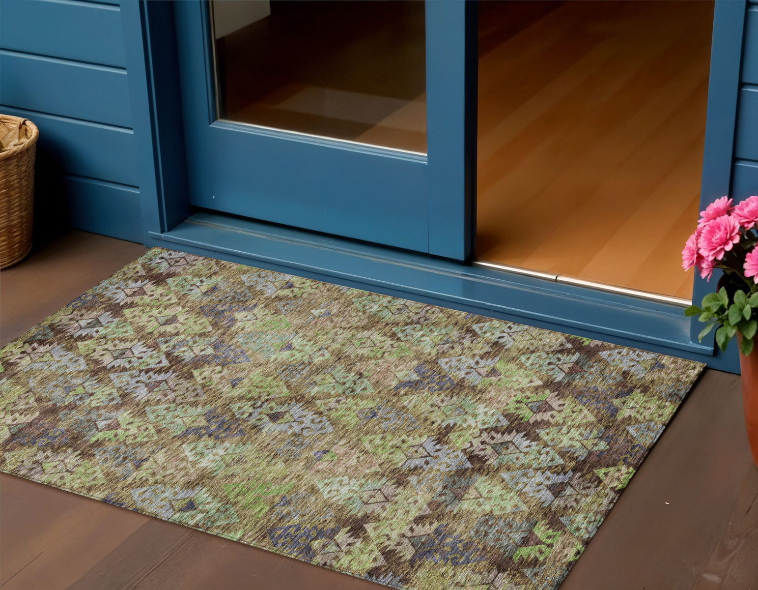 3' X 5' Brown Green And Blue Aztec Washable Indoor Outdoor Area Rug-615764-1