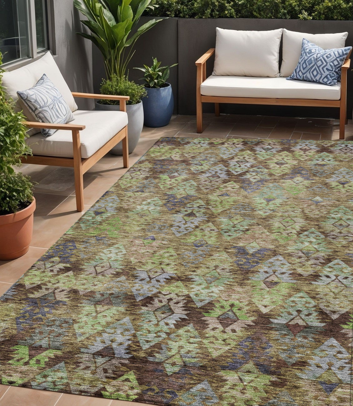 5' X 8' Brown Green And Blue Aztec Washable Indoor Outdoor Area Rug-615765-1