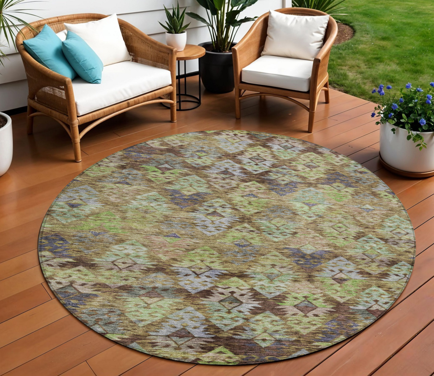 8' Brown Green And Blue Round Aztec Washable Indoor Outdoor Area Rug-615766-1