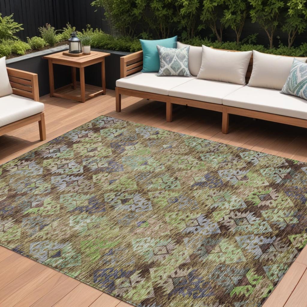 10' X 14' Brown Green And Blue Aztec Washable Indoor Outdoor Area Rug-615769-1
