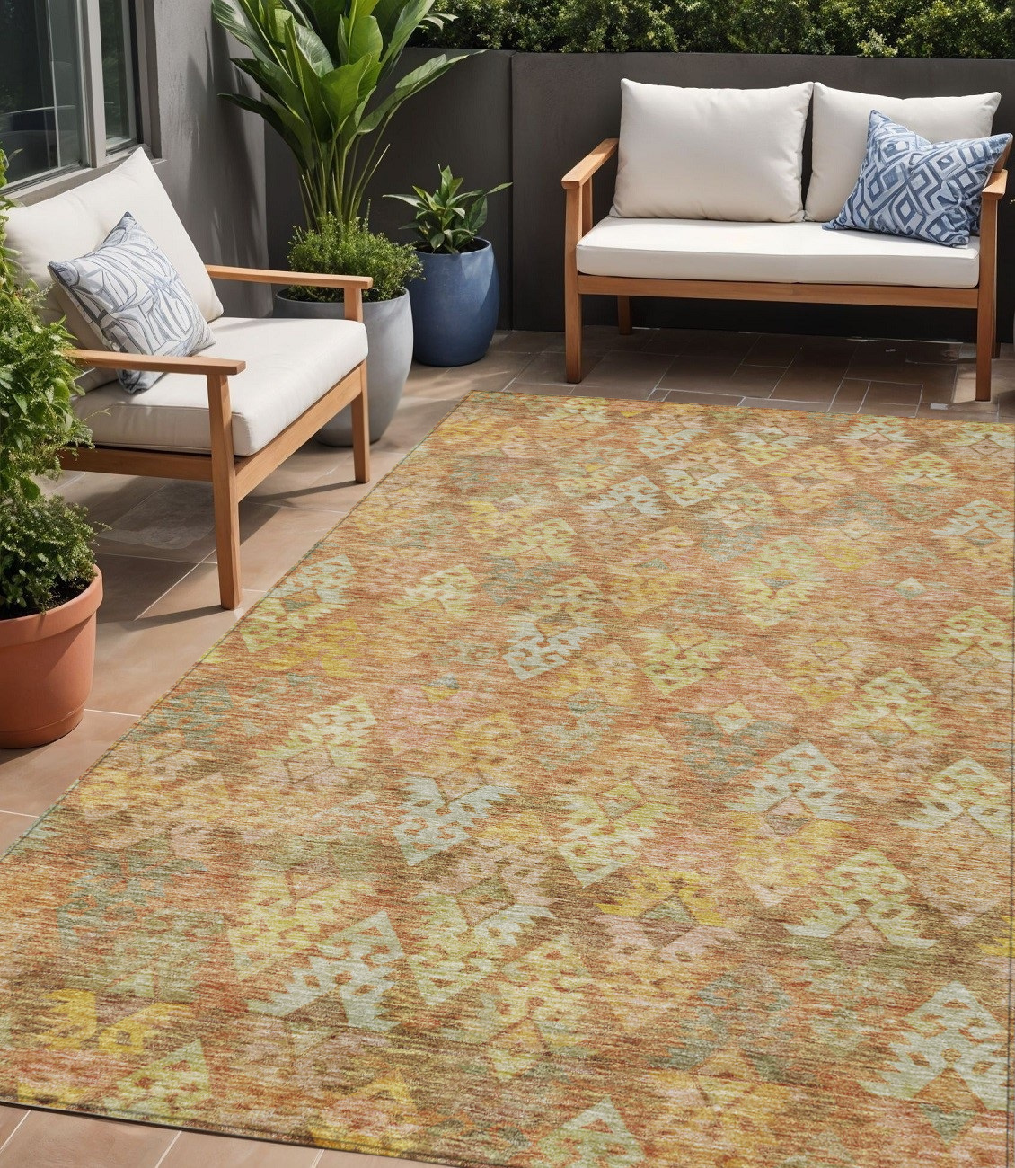 5' X 8' Copper Beige And Gold Aztec Washable Indoor Outdoor Area Rug-615771-1