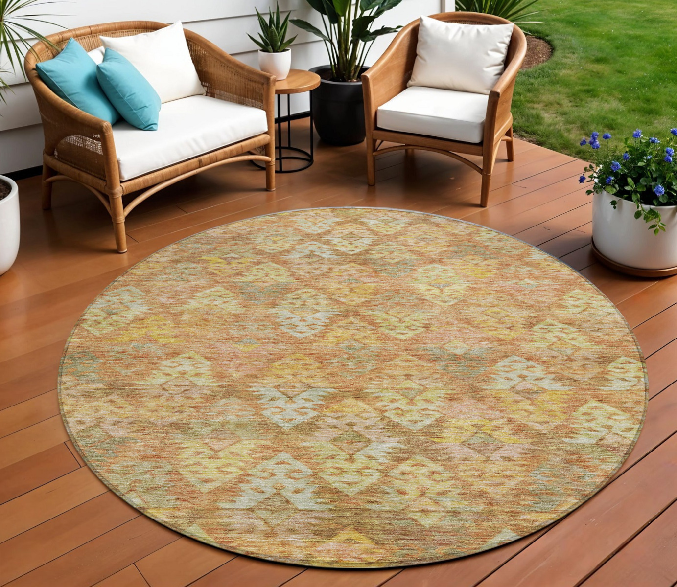 8' Copper Beige And Gold Round Aztec Washable Indoor Outdoor Area Rug-615772-1