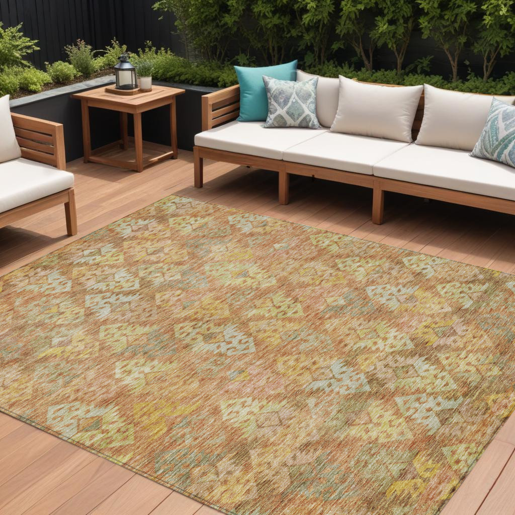 10' X 14' Copper Beige And Gold Aztec Washable Indoor Outdoor Area Rug-615775-1