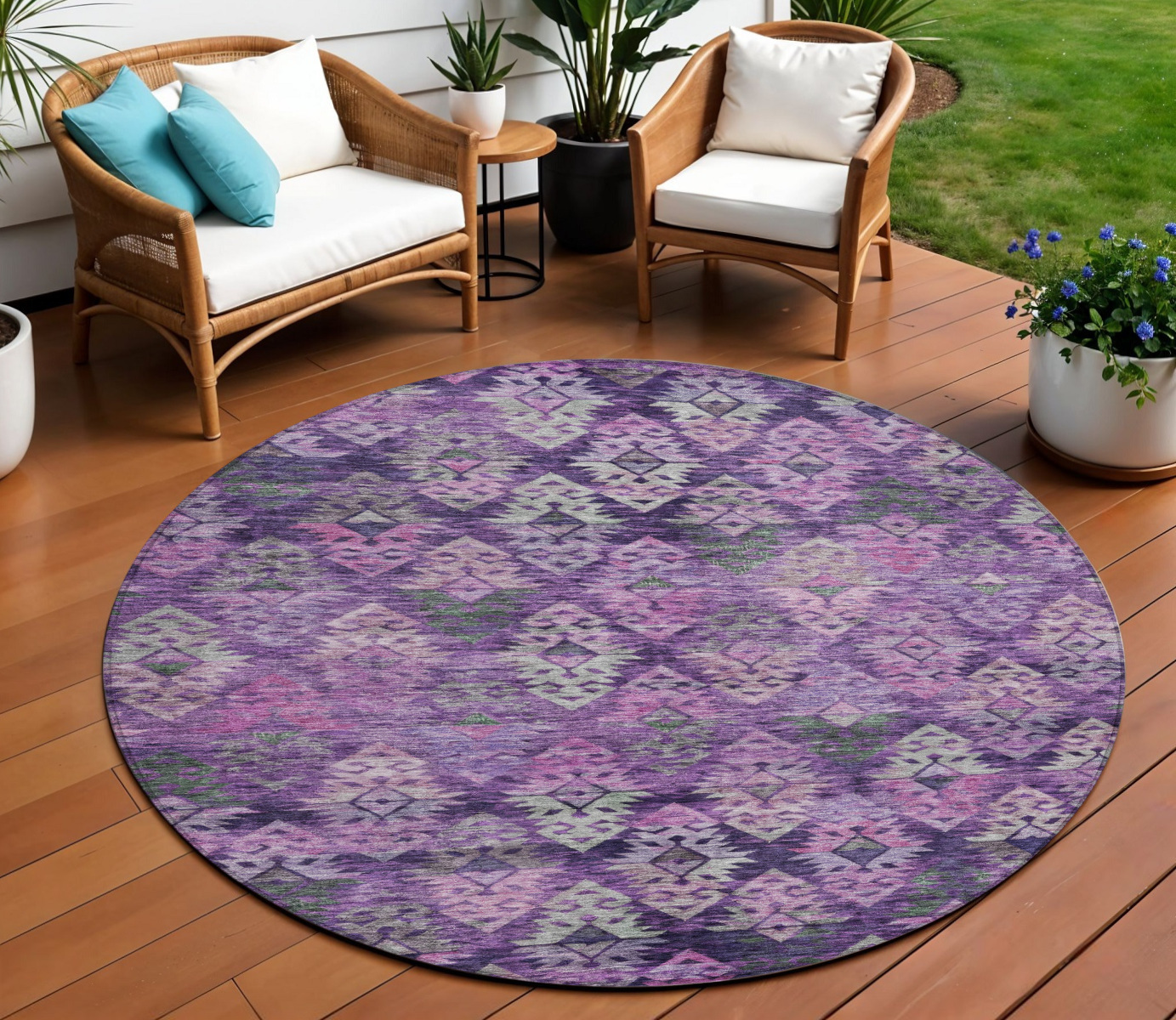 8' Eggplant Plum And Lavender Round Aztec Washable Indoor Outdoor Area Rug-615778-1
