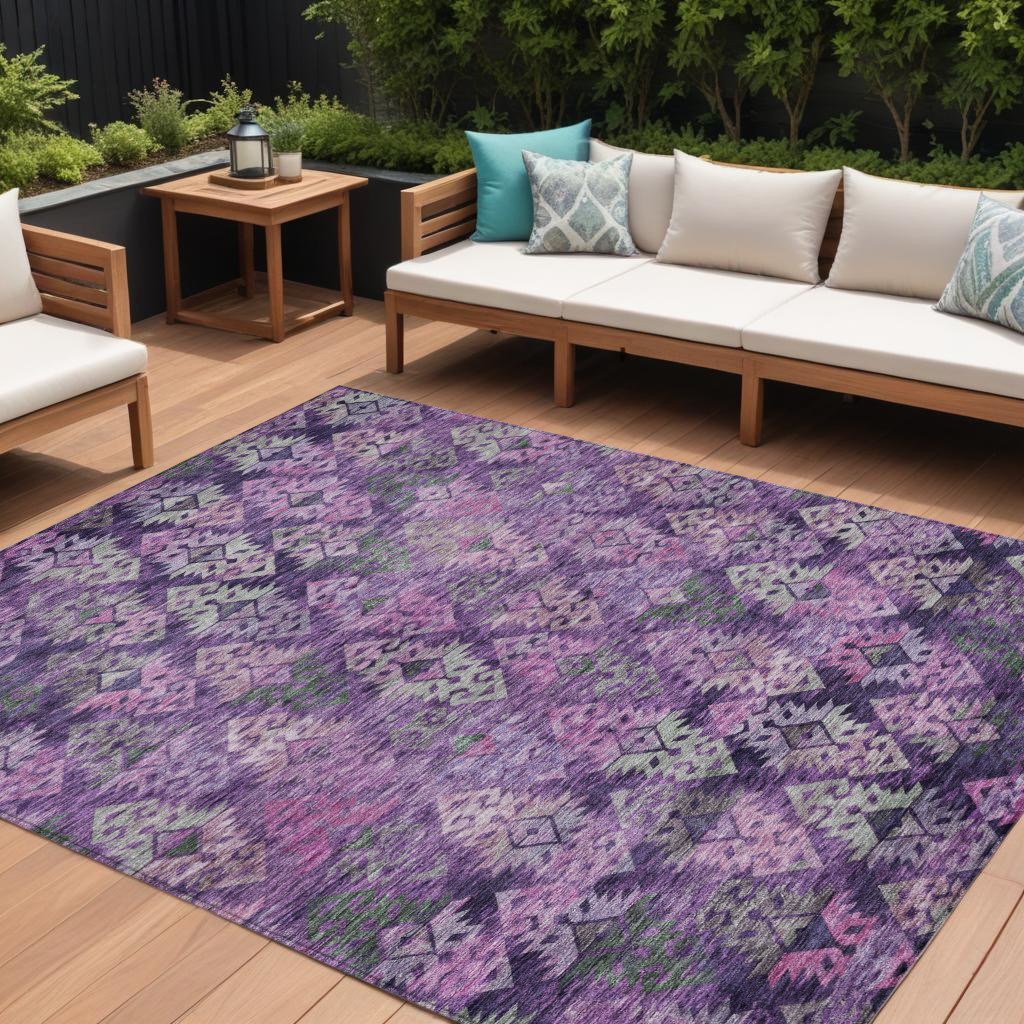 9' X 12' Eggplant Plum And Lavender Aztec Washable Indoor Outdoor Area Rug-615780-1