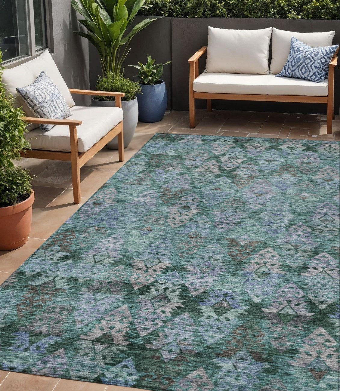 5' X 8' Emerald Green And Gray Aztec Washable Indoor Outdoor Area Rug-615783-1