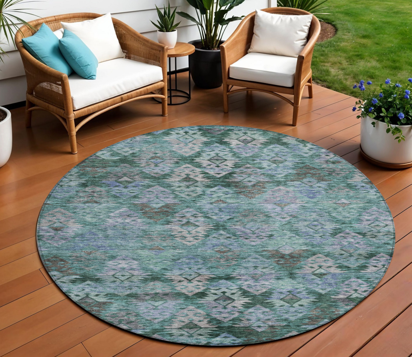 8' Emerald Green And Gray Round Aztec Washable Indoor Outdoor Area Rug-615784-1