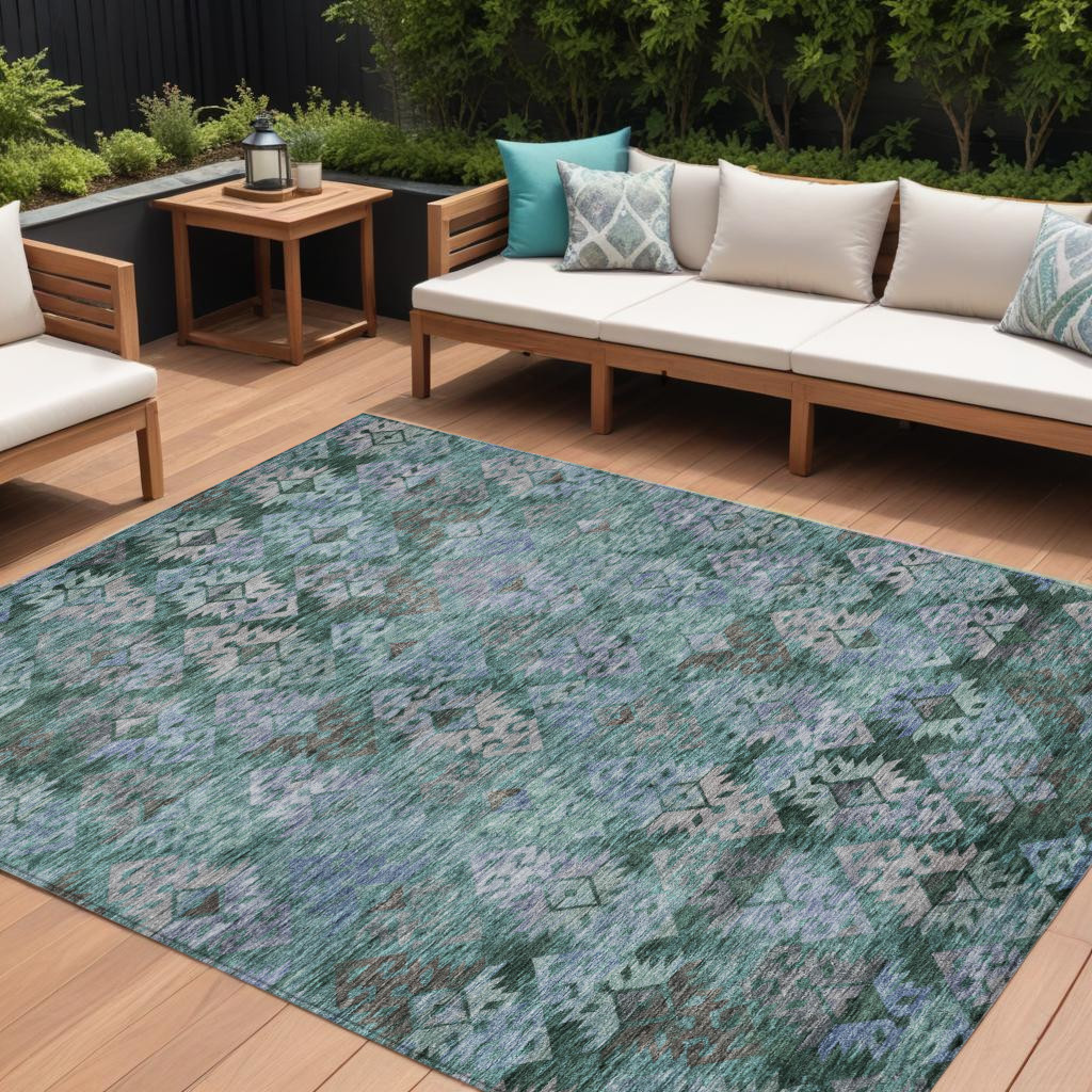 8' X 10' Emerald Green And Gray Aztec Washable Indoor Outdoor Area Rug-615785-1