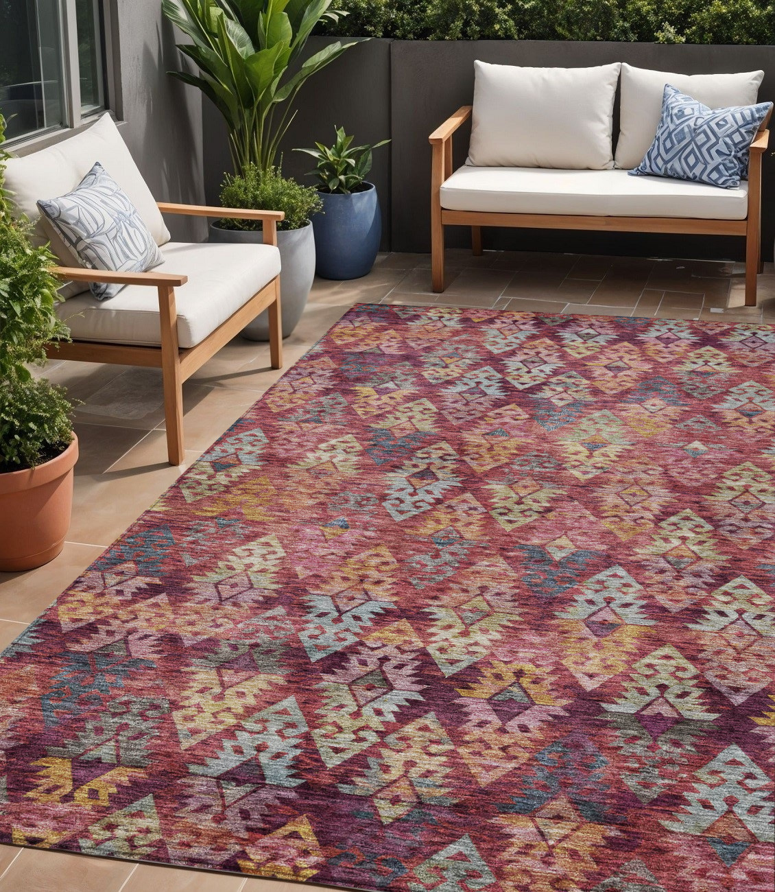 5' X 8' Rust Gold And Blush Aztec Washable Indoor Outdoor Area Rug-615789-1