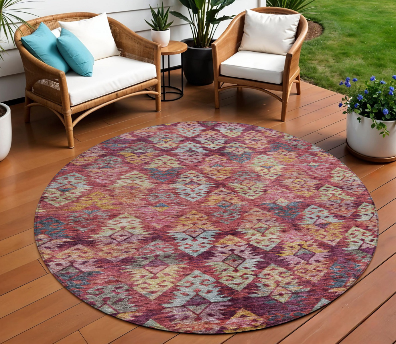 8' Rust Gold And Blush Round Aztec Washable Indoor Outdoor Area Rug-615790-1