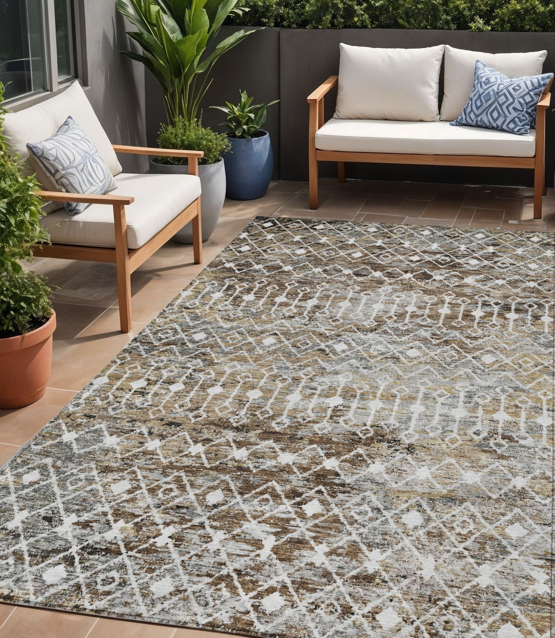 5' X 8' Brown And Beige Argyle Washable Indoor Outdoor Area Rug-615795-1