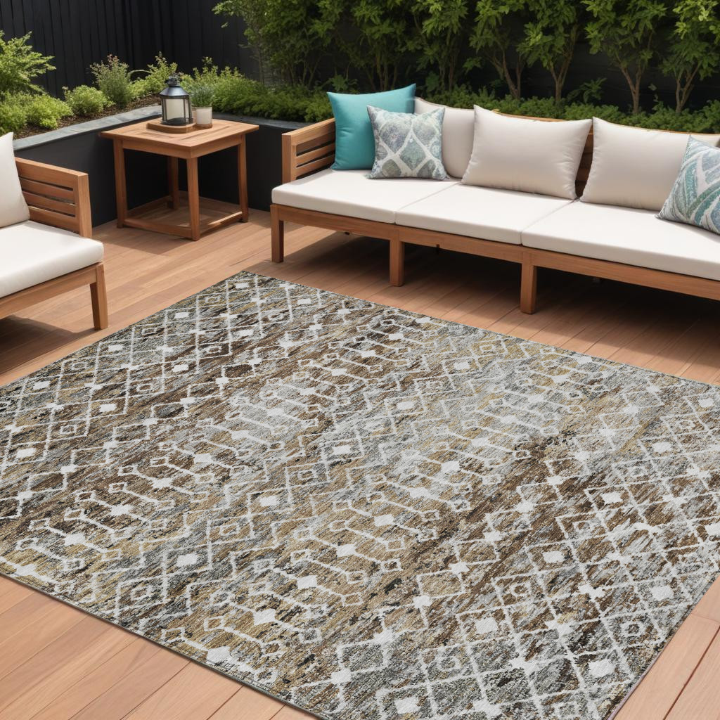 10' X 14' Brown And Beige Argyle Washable Indoor Outdoor Area Rug-615799-1