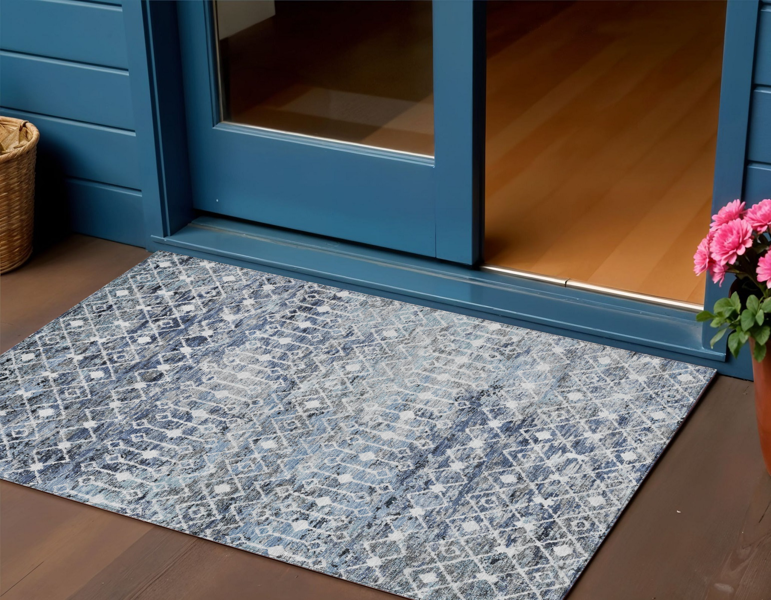 3' X 5' Blue And Silver Argyle Washable Indoor Outdoor Area Rug-615800-1