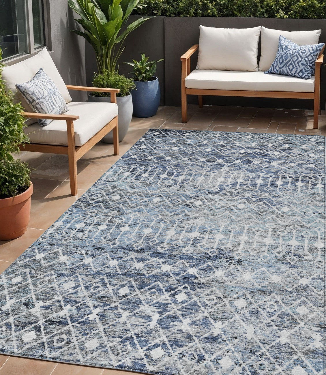 5' X 8' Blue And Silver Argyle Washable Indoor Outdoor Area Rug-615801-1