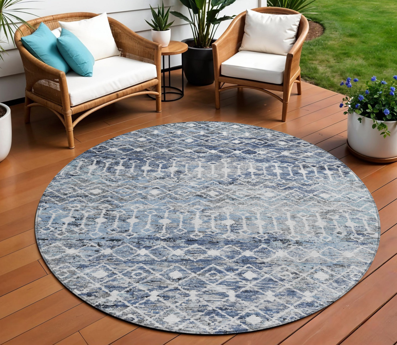 8' Blue And Silver Round Argyle Washable Indoor Outdoor Area Rug-615802-1