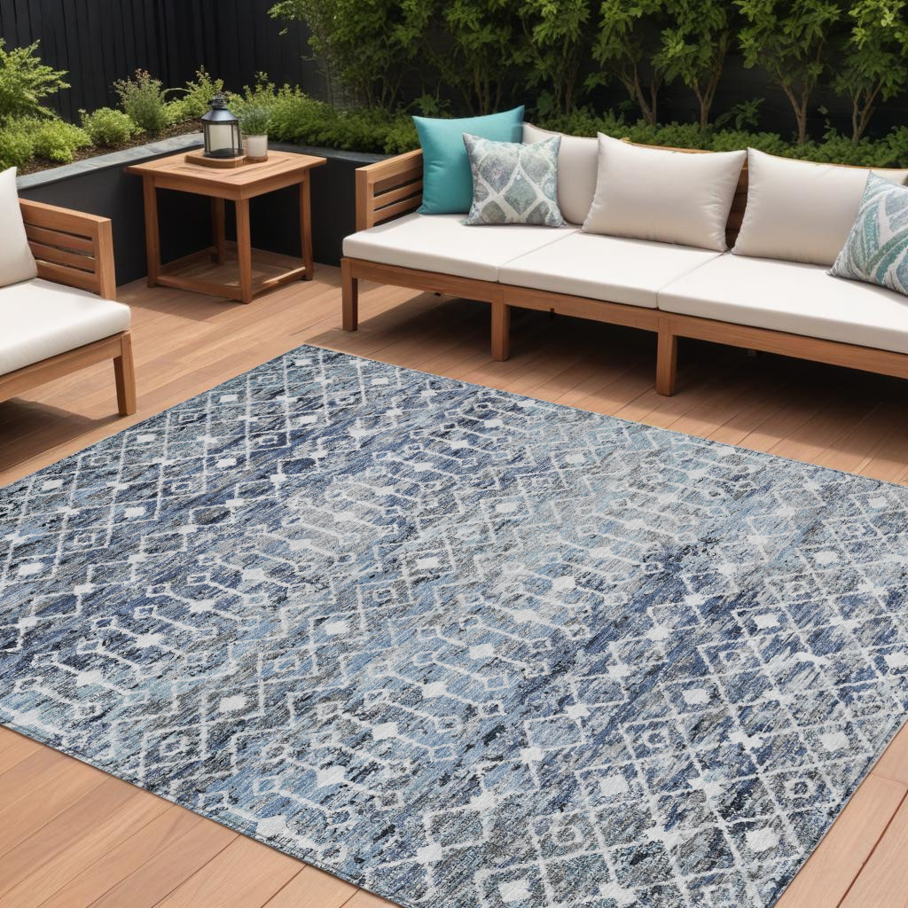 10' X 14' Blue And Silver Argyle Washable Indoor Outdoor Area Rug-615805-1