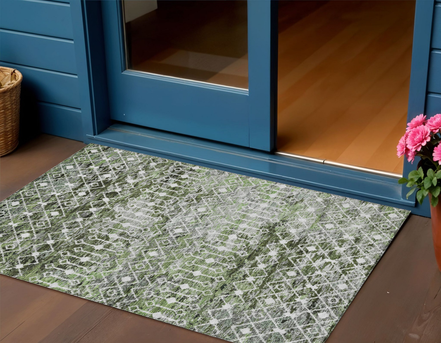 3' X 5' Olive Green And Ivory Argyle Washable Indoor Outdoor Area Rug-615806-1