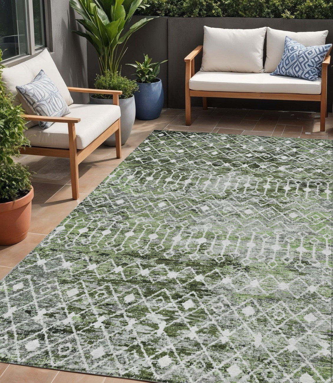 5' X 8' Olive Green And Ivory Argyle Washable Indoor Outdoor Area Rug-615807-1