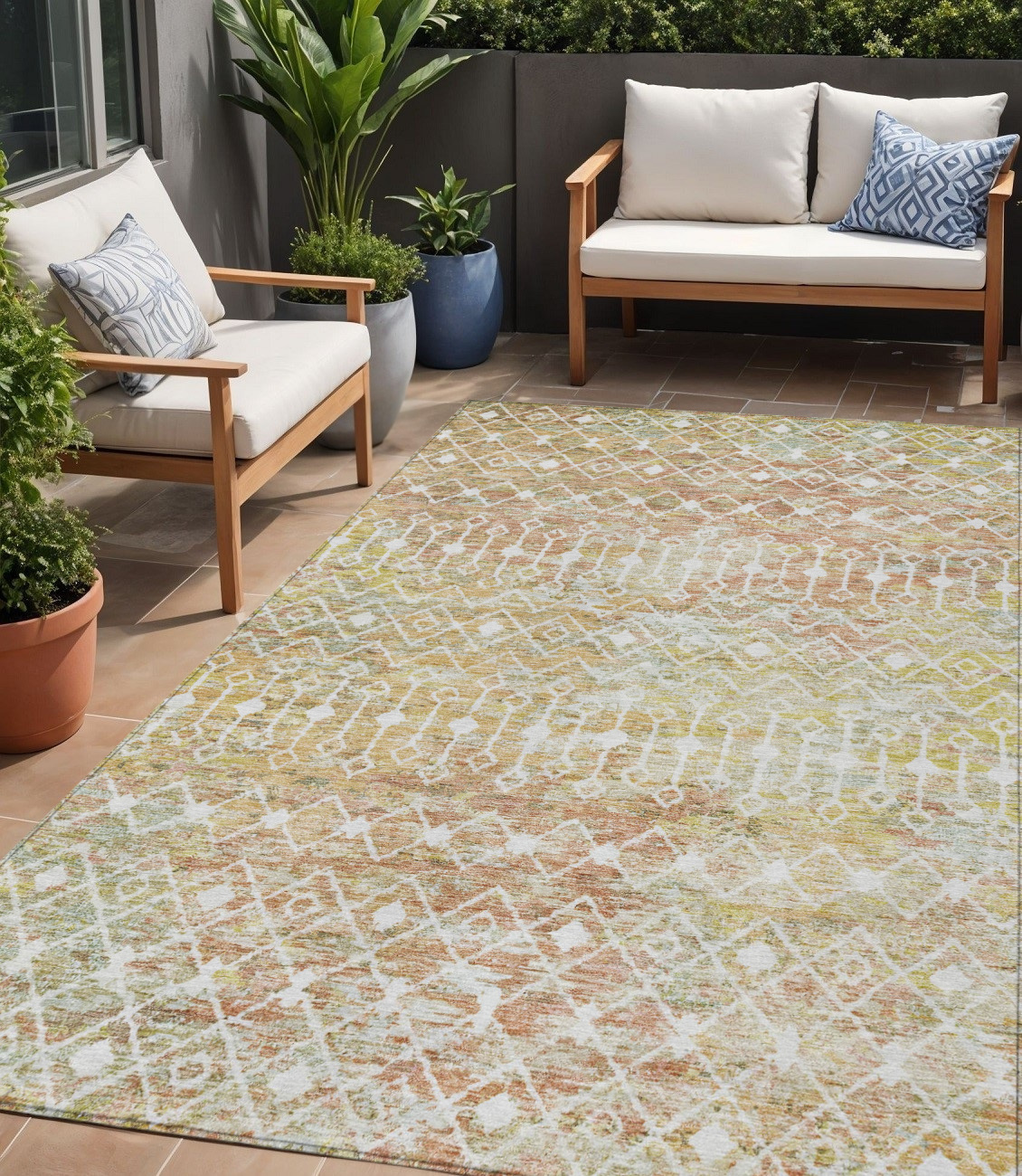 5' X 8' Peach And Ivory Argyle Washable Indoor Outdoor Area Rug-615813-1