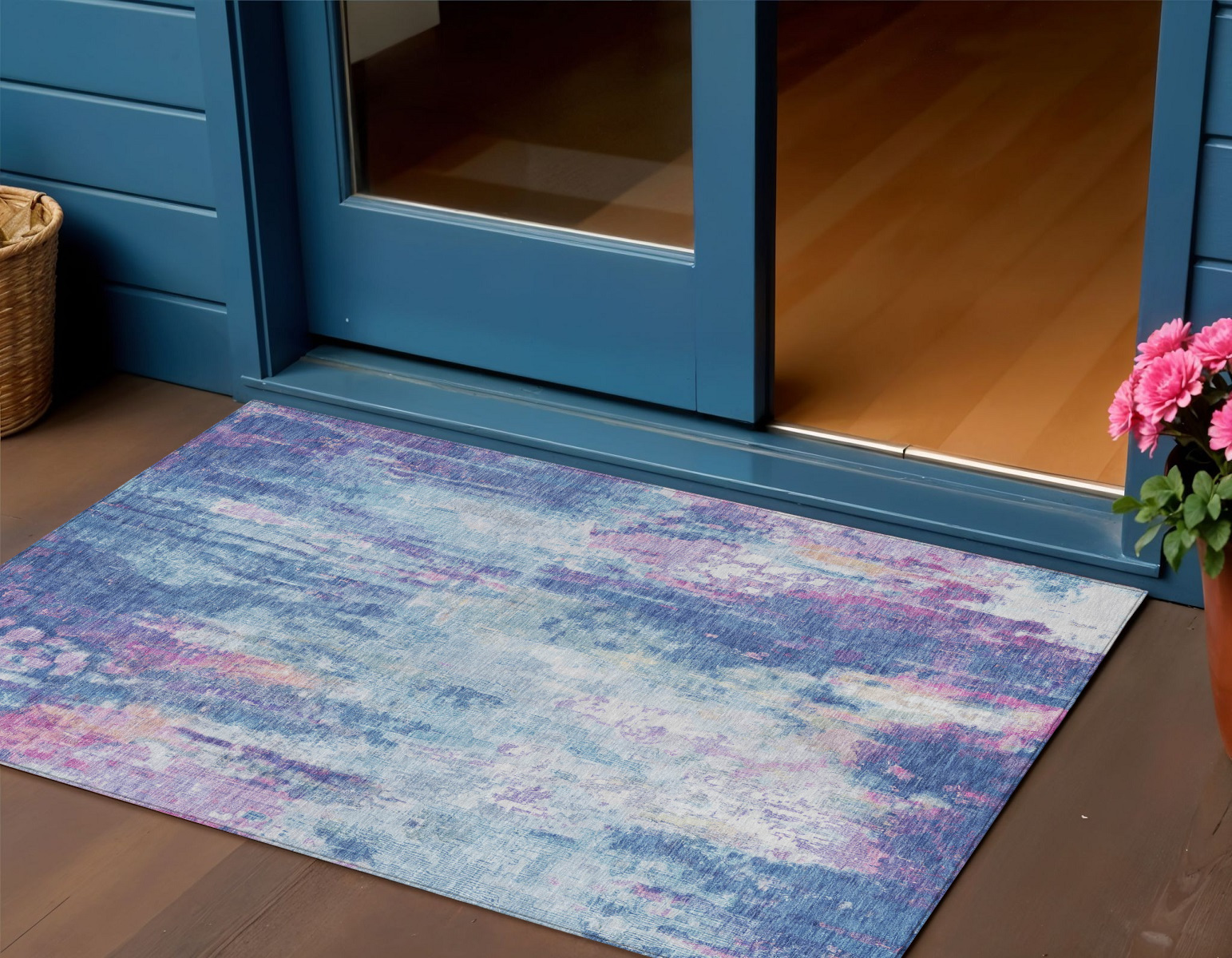 3' X 5' Blue Peach And Sky Blue Abstract Washable Indoor Outdoor Area Rug-615854-1