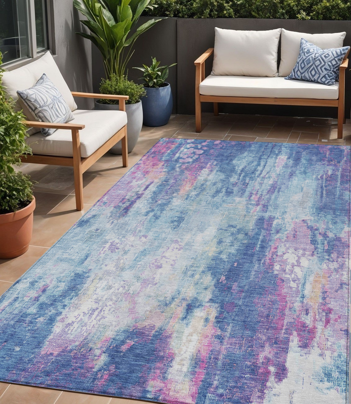 5' X 8' Blue Peach And Sky Blue Abstract Washable Indoor Outdoor Area Rug-615855-1