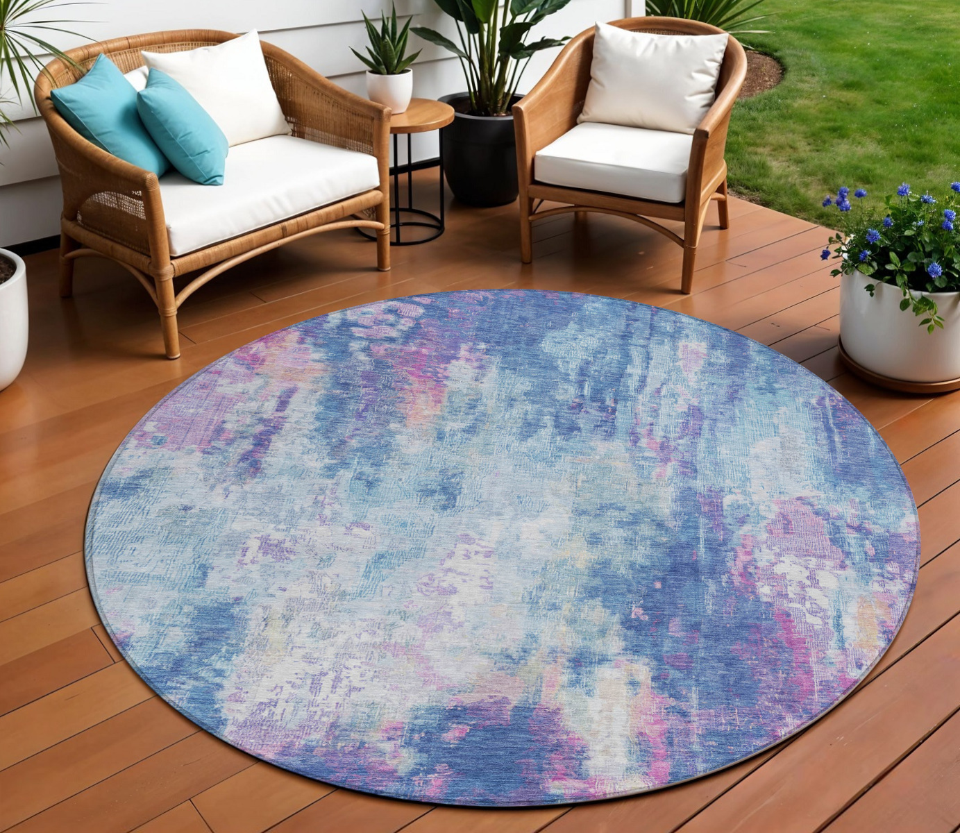 8' Blue Peach And Sky Blue Round Abstract Washable Indoor Outdoor Area Rug-615856-1