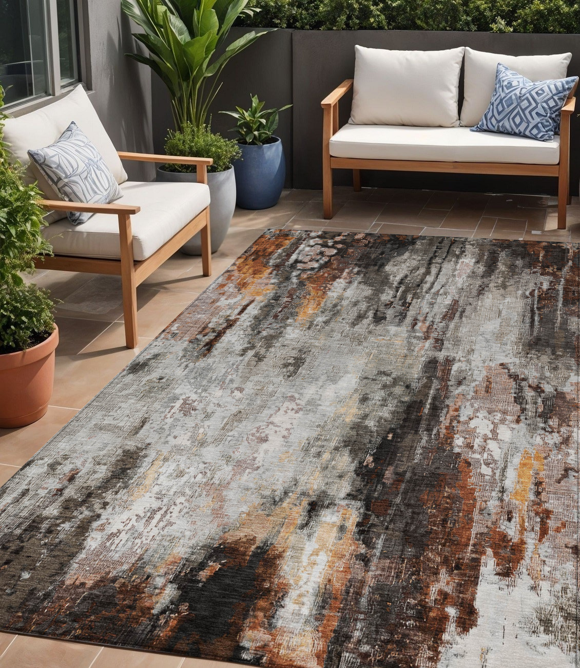 5' X 8' Gray Rust And Ivory Abstract Washable Indoor Outdoor Area Rug-615861-1