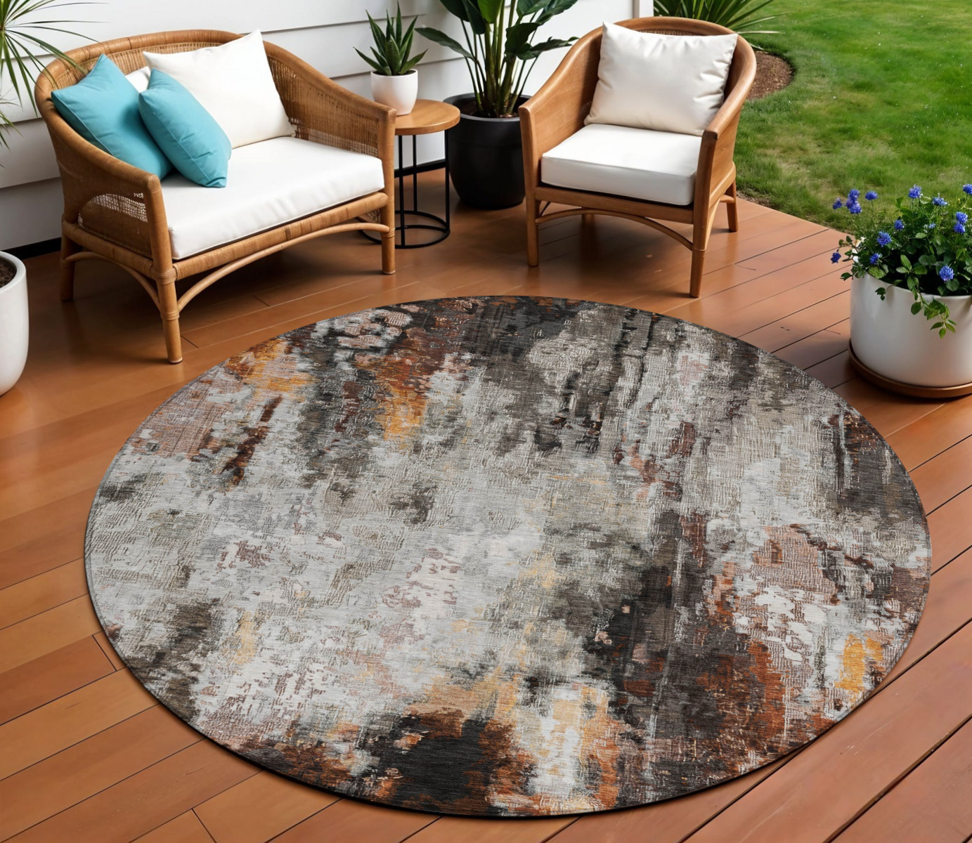 8' Gray Rust And Ivory Round Abstract Washable Indoor Outdoor Area Rug-615862-1
