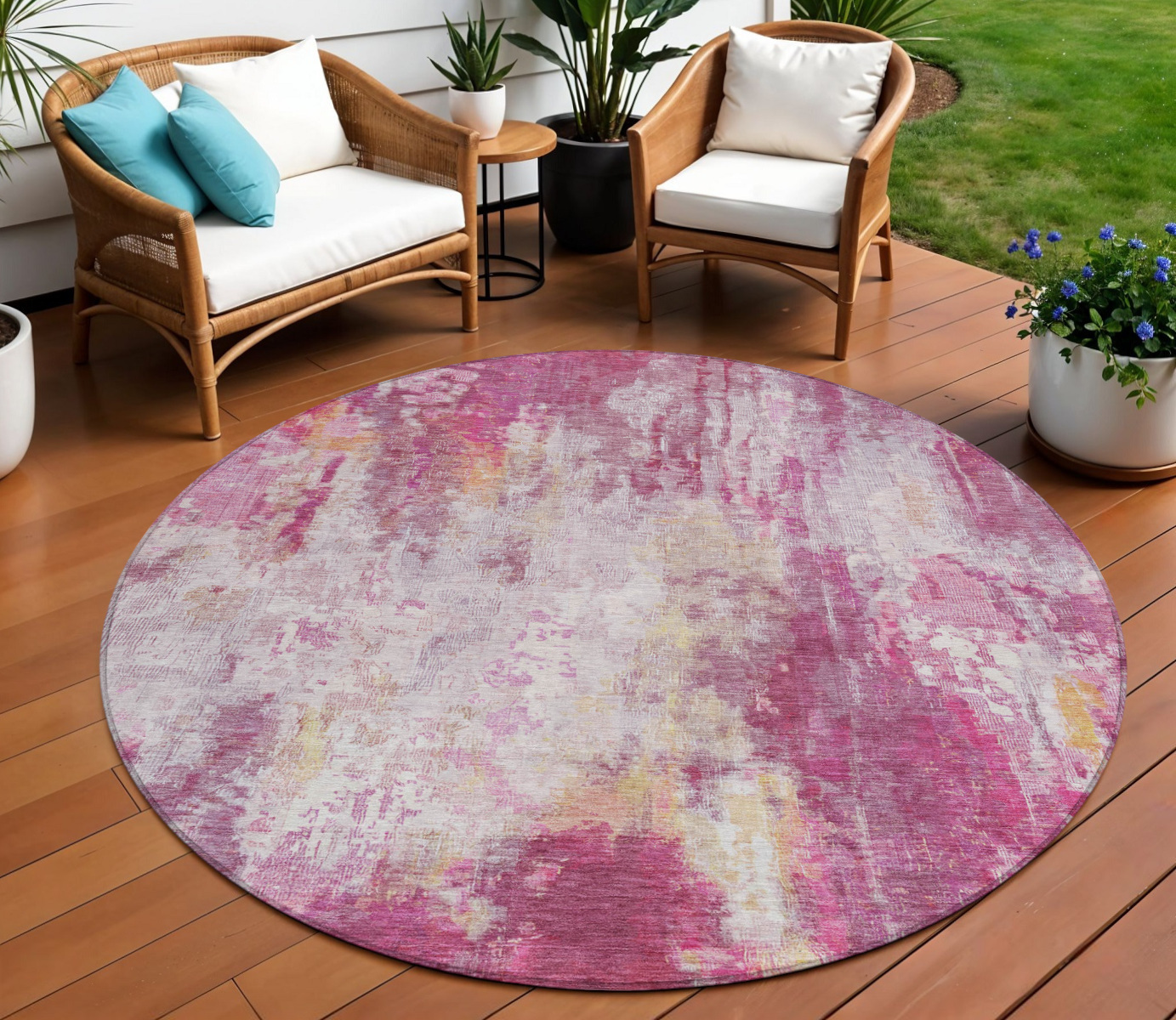 8' Pink Ivory And Lavender Round Abstract Washable Indoor Outdoor Area Rug-615868-1