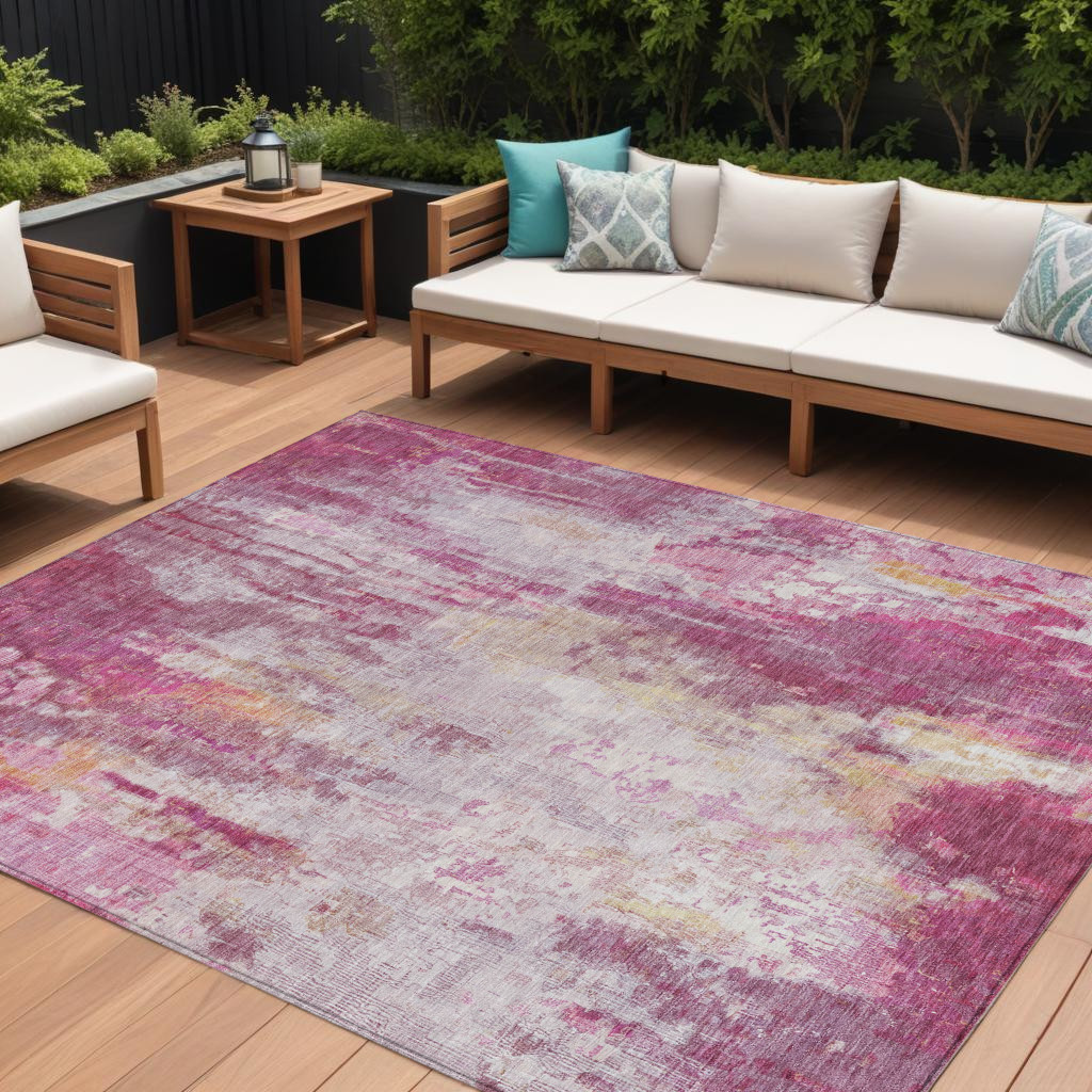 9' X 12' Pink Ivory And Lavender Abstract Washable Indoor Outdoor Area Rug-615870-1