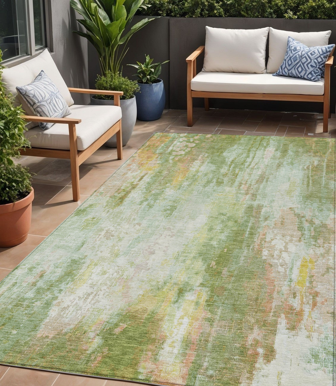 5' X 8' Sage Wheat And Ivory Abstract Washable Indoor Outdoor Area Rug-615873-1
