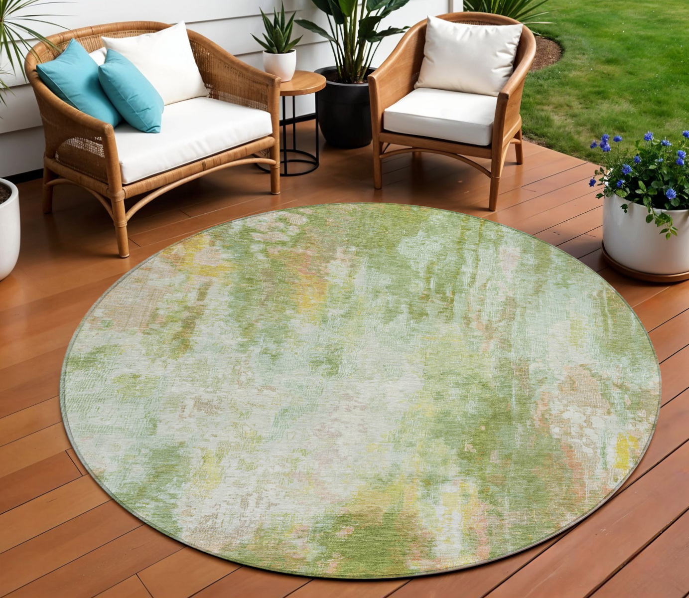 8' Sage Wheat And Ivory Round Abstract Washable Indoor Outdoor Area Rug-615874-1