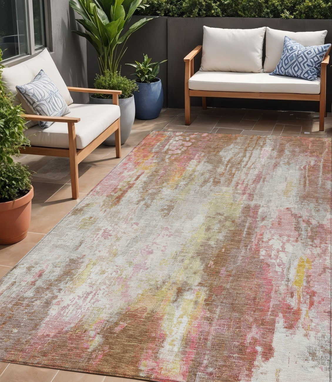 5' X 8' Tan Mauve And Ivory Abstract Washable Indoor Outdoor Area Rug-615879-1